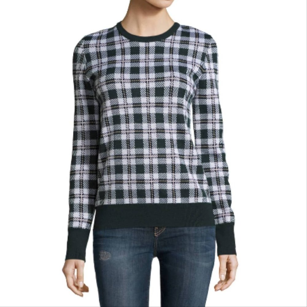 EQUIPMENT FEMME | 100% Wool Plaid Long Sleeve Crew Neck Plaid Sweater